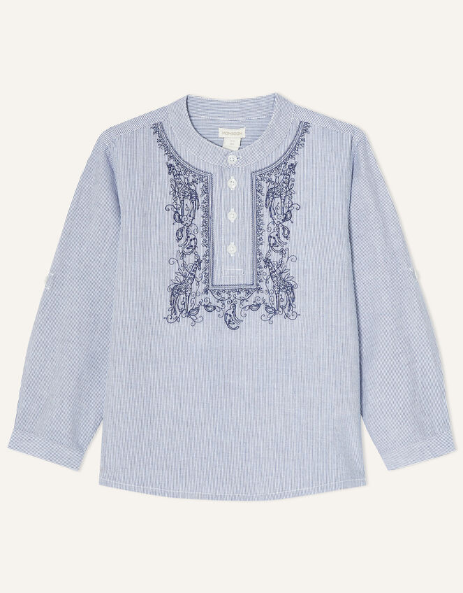 Kurta Pin Stripe Embroidered Shirt, Blue (BLUE), large