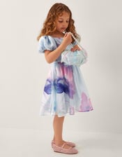 Pansy Puff-Sleeve Satin Dress, Blue (BLUE), large