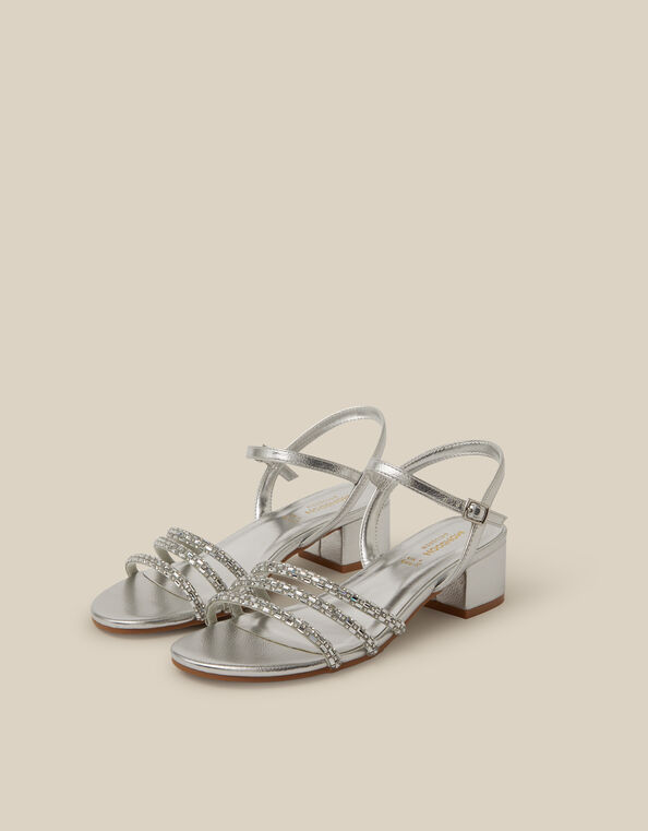 Open Toe Embellished Strap Heels, Silver (SILVER), large