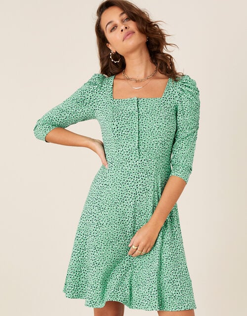 Printed Square Neck Jersey Dress, Green (GREEN), large