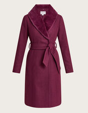 Rufus Fur Collar Belted Coat with Recycled Polyester, Red (WINE), large