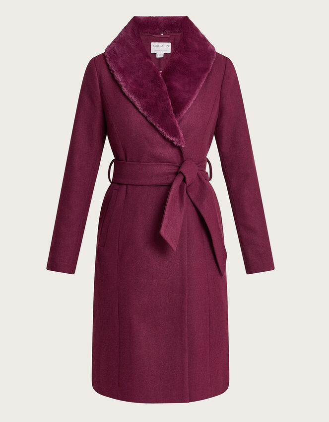 Rufus Fur Collar Belted Coat with Recycled Polyester, Red (WINE), large