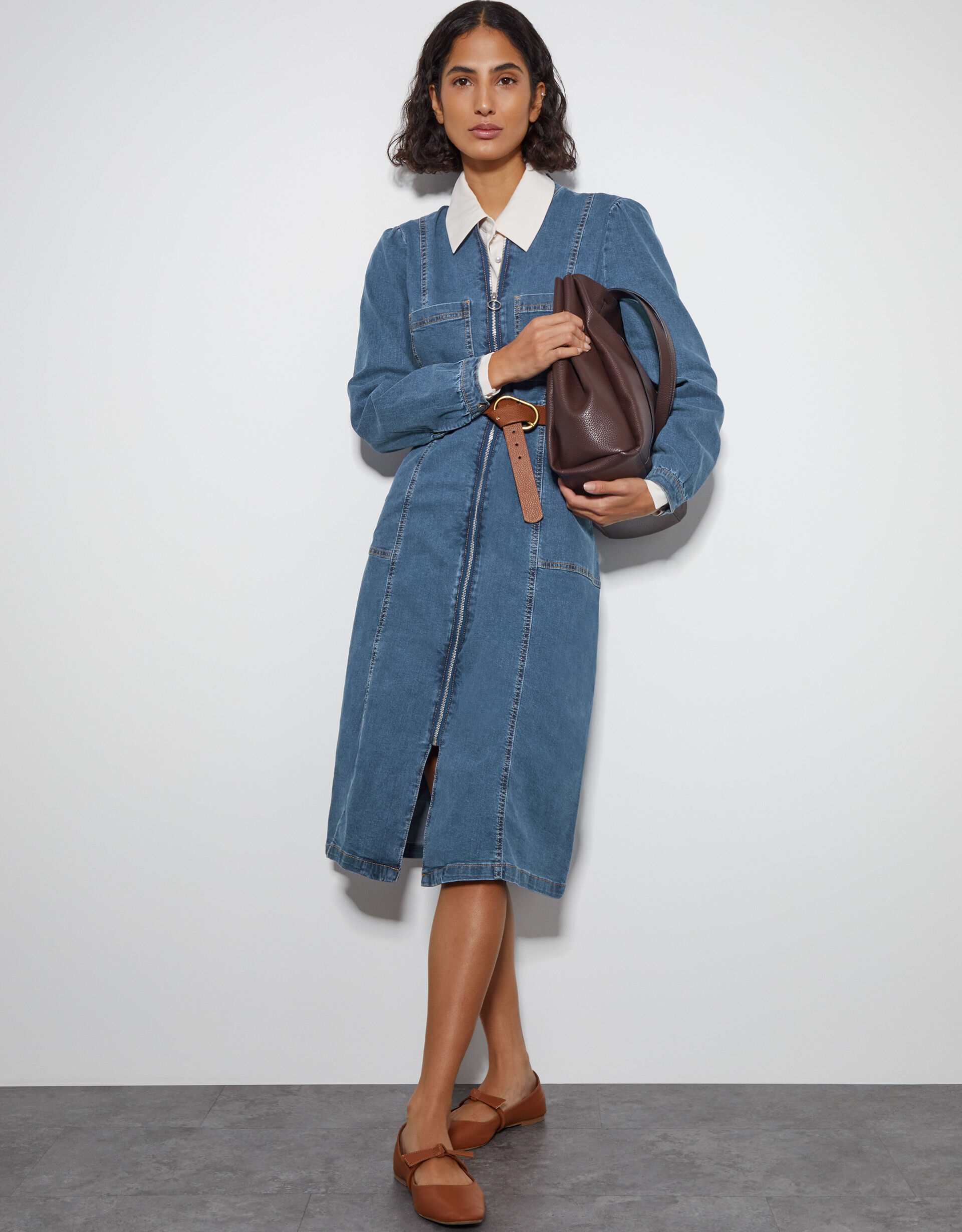Izzy Long Sleeve Denim Zip Midi Dress Blue