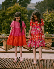 Tiered Floral Dress in Recycled Polyester, Pink (PINK), large