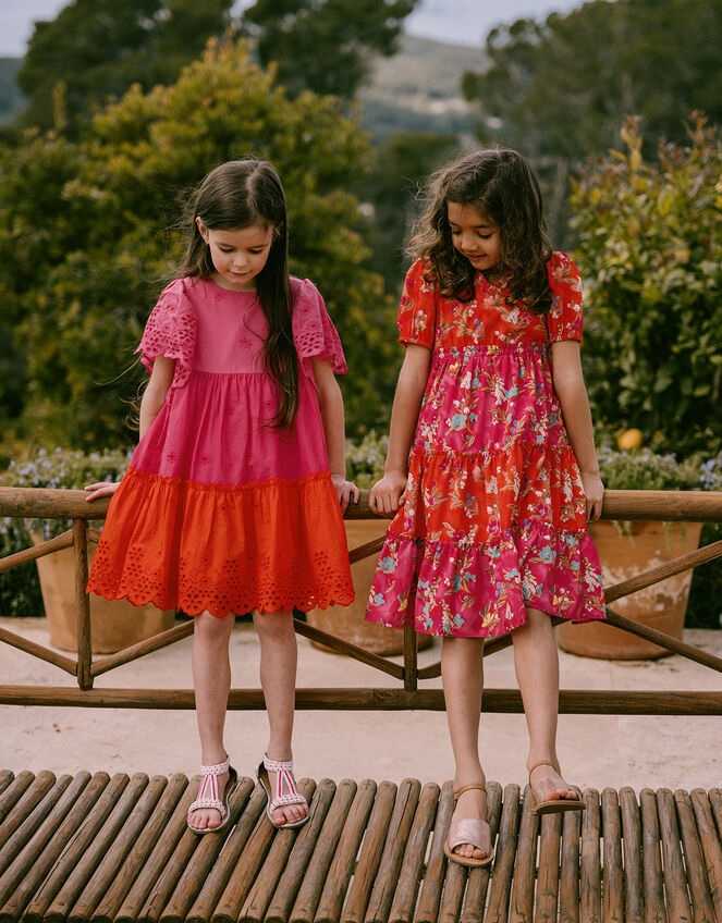 Tiered Floral Dress in Recycled Polyester, Pink (PINK), large