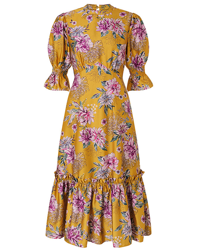 Floral Print Satin Midi Dress, Yellow (YELLOW), large