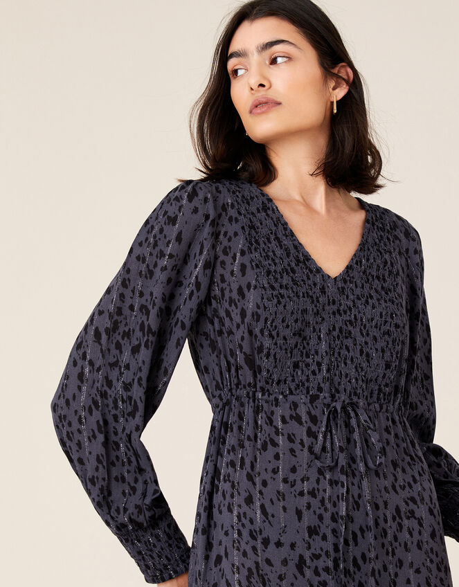 Animal Shirred Midi Dress, Grey (GREY), large