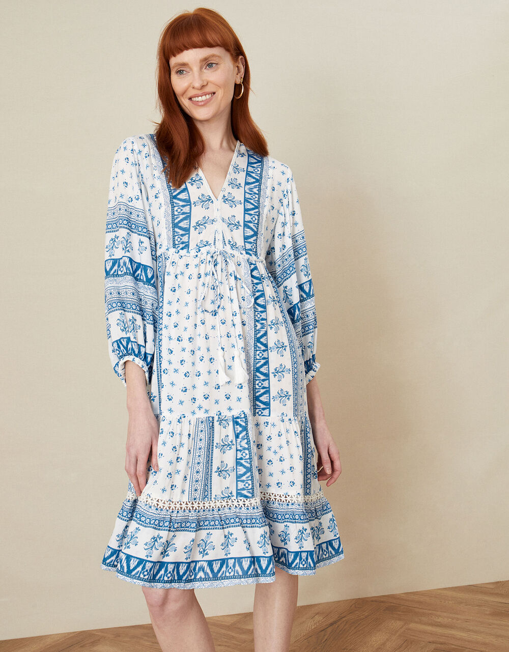Women Dresses | Border Print Tunic Dress in LENZING™ ECOVERO™ Blue - NR78405