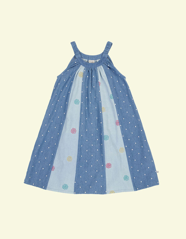 Frugi Embroidered Denim Trapeze Dress, Blue (BLUE), large