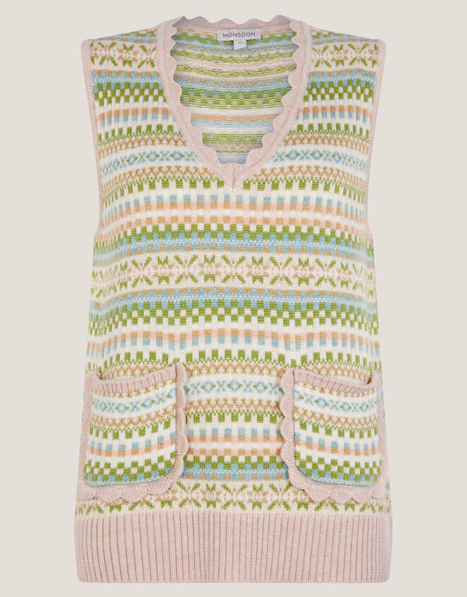 Fawn Fair Isle Knitted Vest, Green (GREEN), large