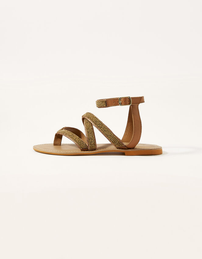 Embellished Trim Leather Slingback Sandals, Natural (NATURAL), large