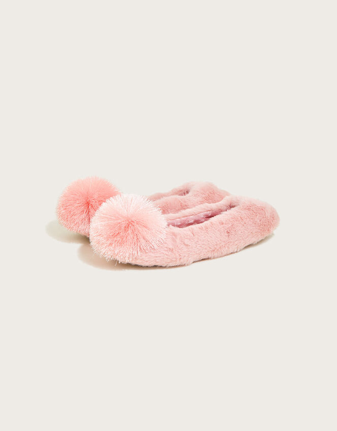Faux Fur Pom-Pom Ballerina Slippers, Pink (PINK), large