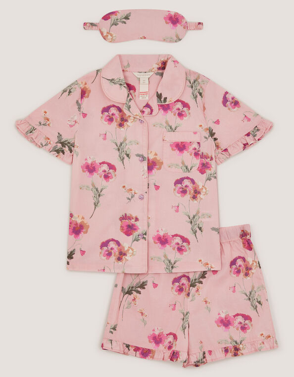 Pansy Print Pyjama & Sleep Mask Set, Pink (PINK), large