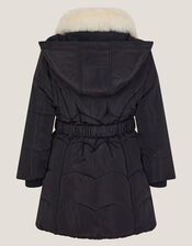 Fluffy Collar Belted Puffer Coat, Black (BLACK), large