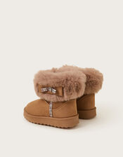 Bow Faux Fur Suedette Ankle Boots, Tan (TAN), large