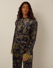 Princella Feather Sleeve Floral Velvet Top, Blue (NAVY), large