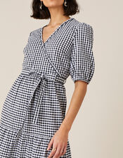 Gingham Wrap Dress in Organic Cotton, Black (BLACK), large