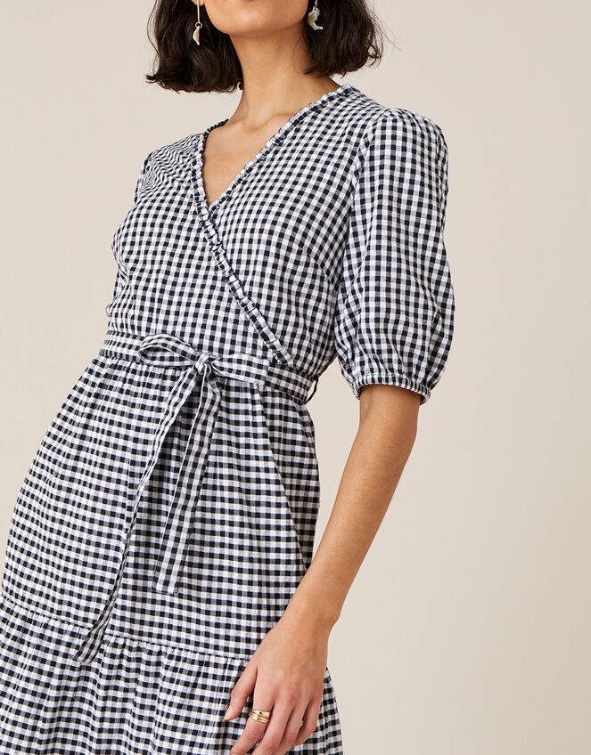 Gingham Wrap Dress in Organic Cotton, Black (BLACK), large