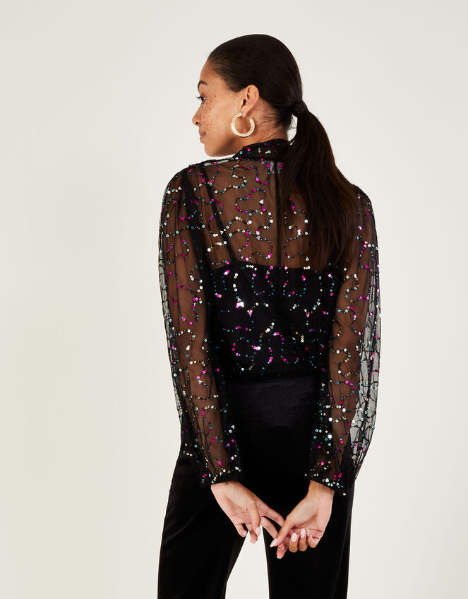 Daria Embellished Pussybow Blouse in Recycled Polyester , Black (BLACK), large
