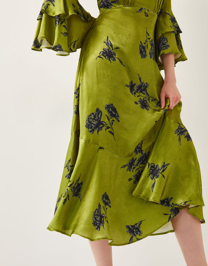 Pelia Satin Ruffle Midi Dress Green