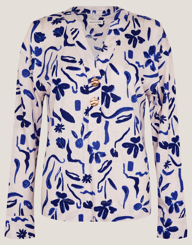 Ulla Floral Linen-Blend Top, Ivory (IVORY), large