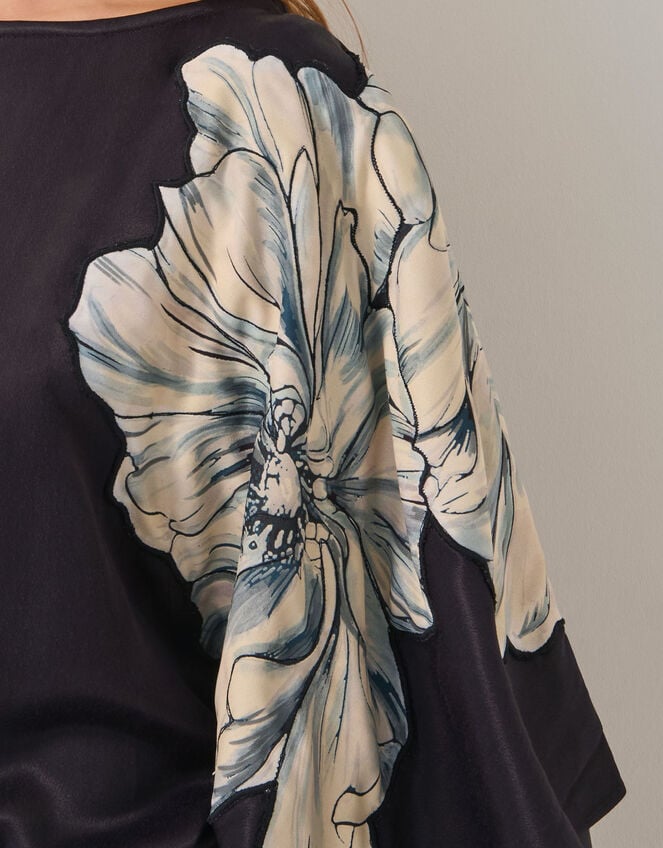 Emilia Floral Satin Kimono Dress, Black (BLACK), large