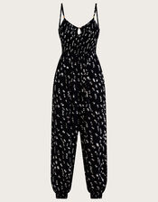 Batik Print Shirred Jumpsuit LENZING™ ECOVERO™, Black (BLACK), large