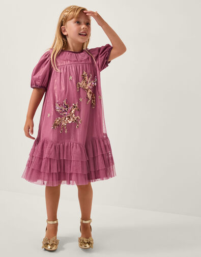 Christmas Unicorn Trapeze Dress, Pink (PINK), large