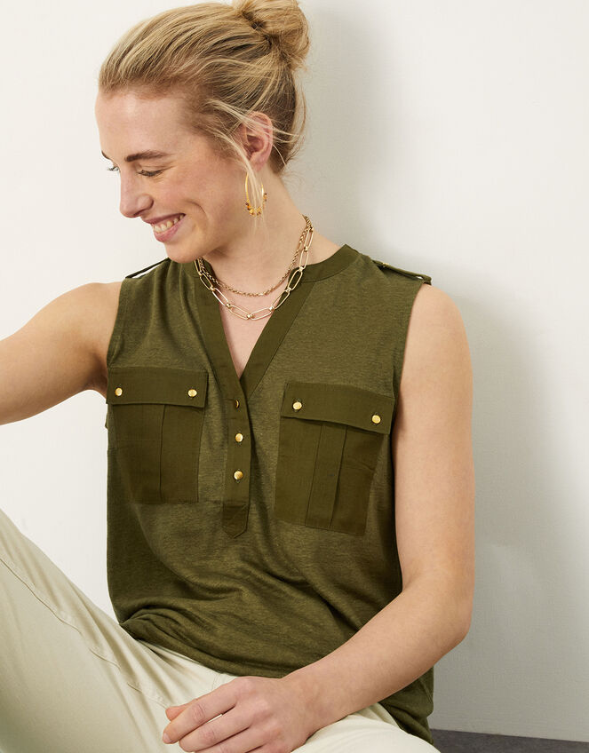 Woven Linen Tank Top, Green (KHAKI), large