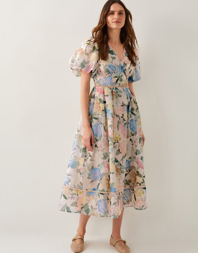 Agnes Floral Puff Sleeve Midi Dress Pink