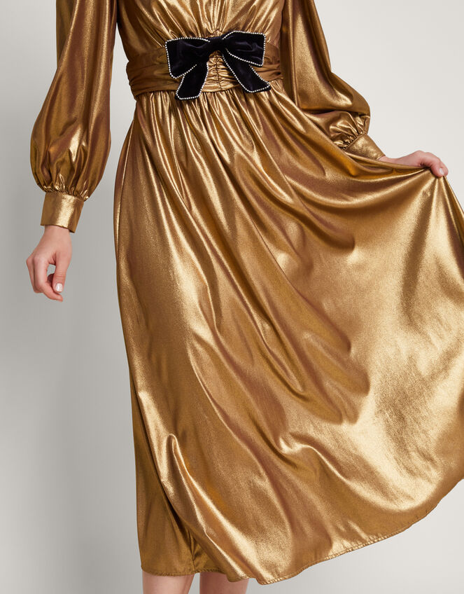 Gracie Bow Midi Dress, Gold (GOLD), large
