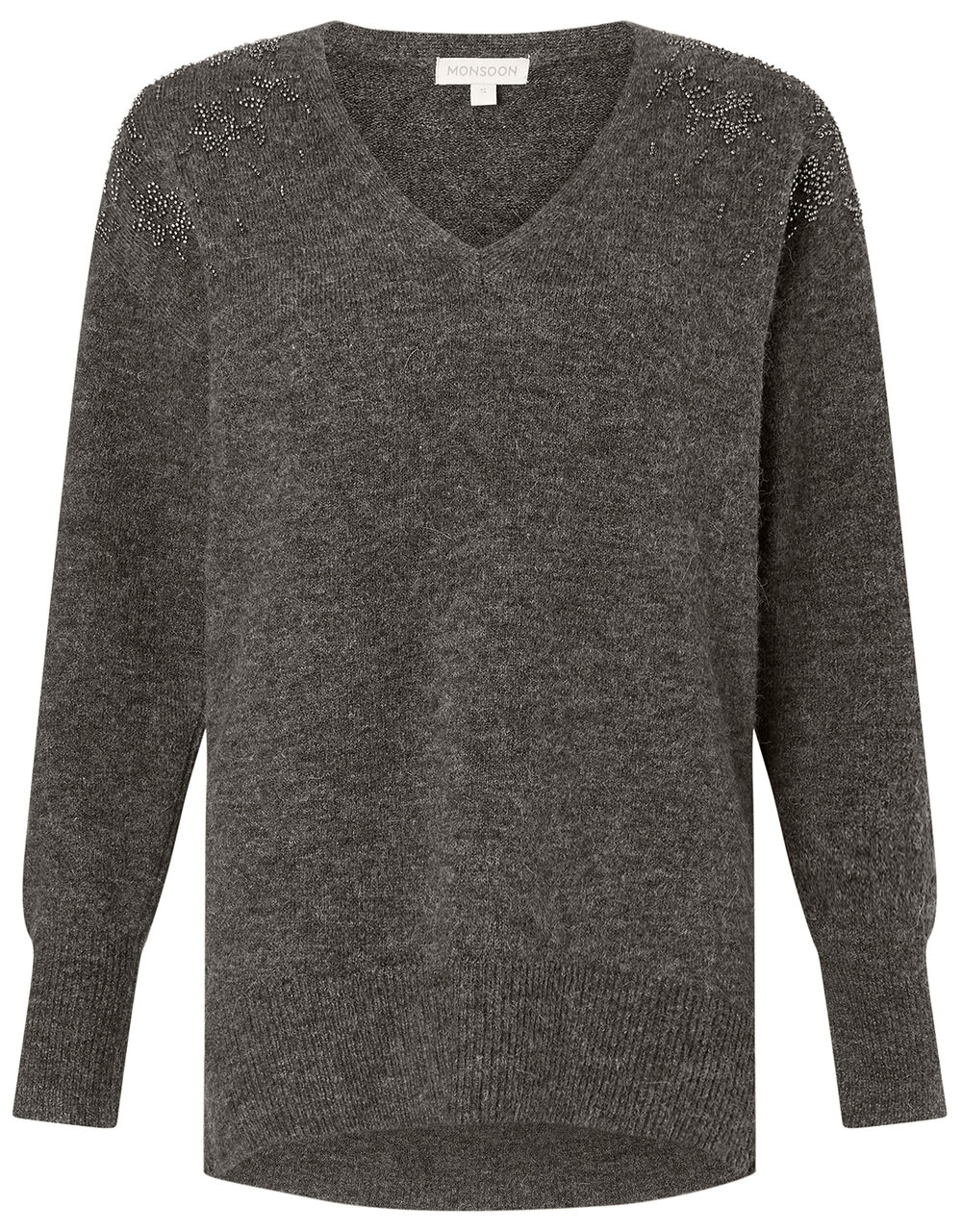 Floral Bead Knit Jumper with Recycled Fabric Grey Jumpers Monsoon UK.