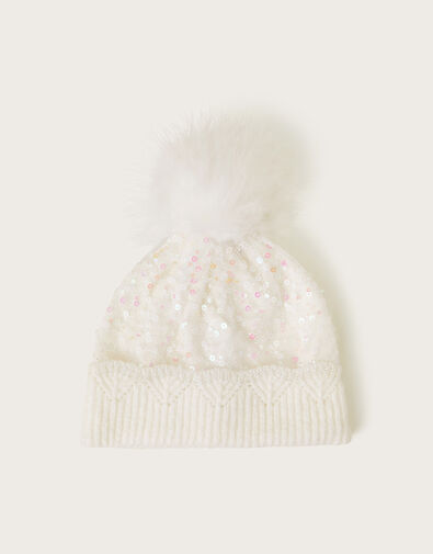 Lizzie Sequin Pom-Pom Beanie, Ivory (IVORY), large