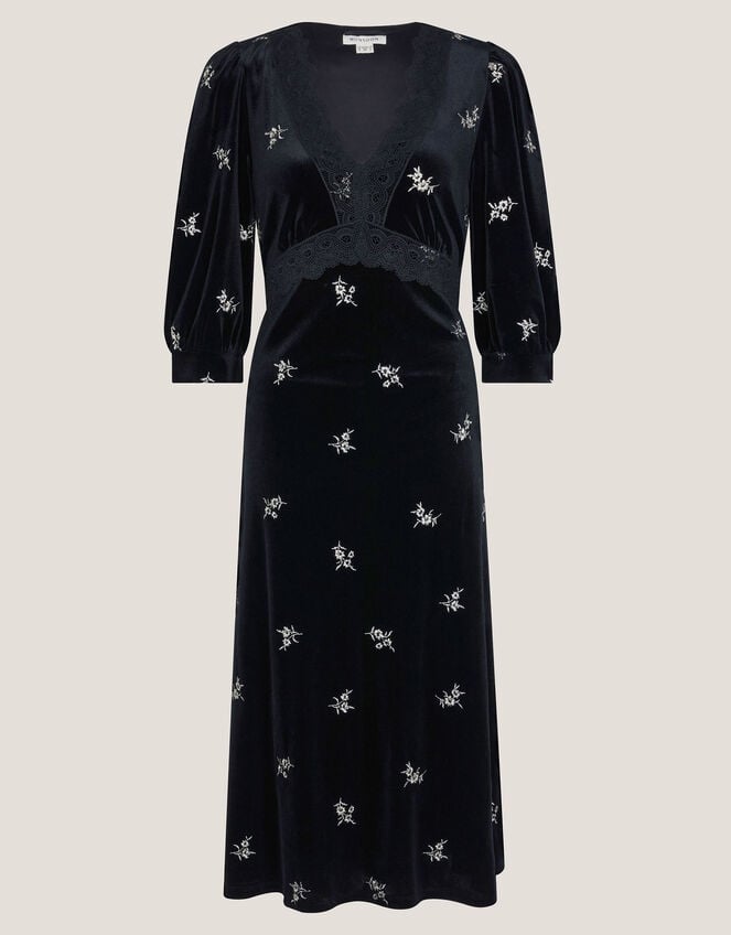 Erin Floral Lace Velvet Midi Dress, Black (BLACK), large