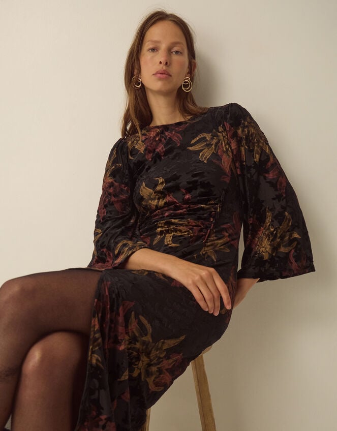 Dora Long Sleeve Floral Devor&eacute; Midi Dress, Black (BLACK), large