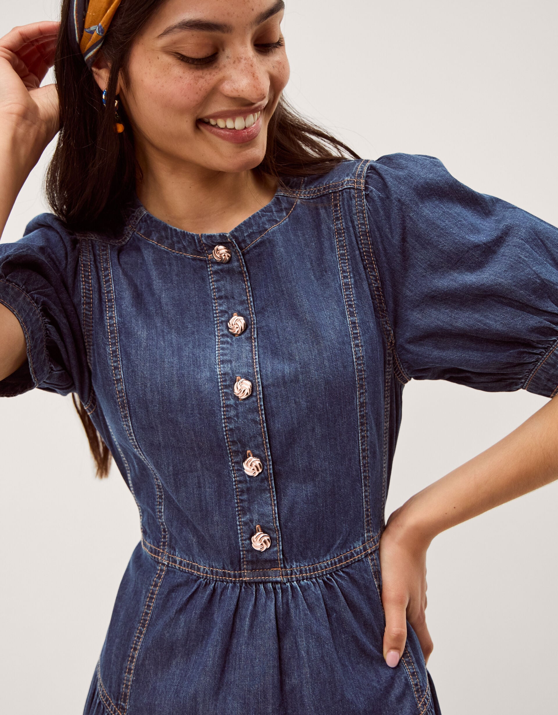 Eliza Puff Sleeve Denim Midi Dress Blue