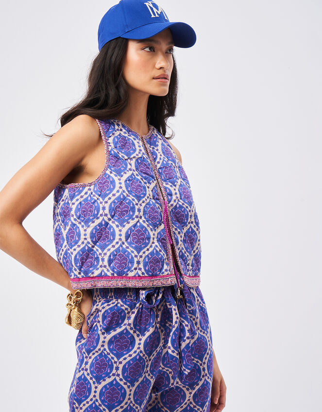 Petite Mendigote Print Embellished Waistcoat, Blue (INDIGO), large