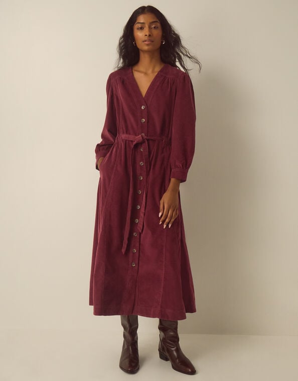Allison V-Neck Belted Corduroy Midi Dress, Red (BERRY), large