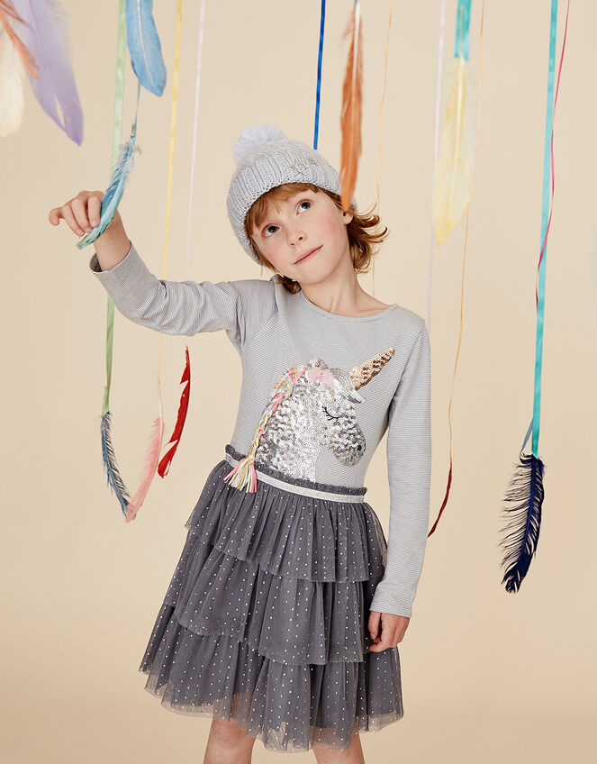 Disco Sequin Unicorn Stripe Dress, Grey (GREY), large