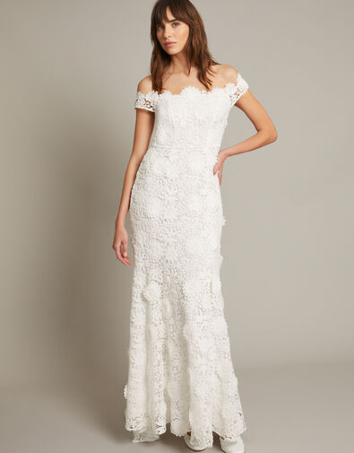Clare Floral Embroidered Bardot Wedding Dress, Ivory (IVORY), large
