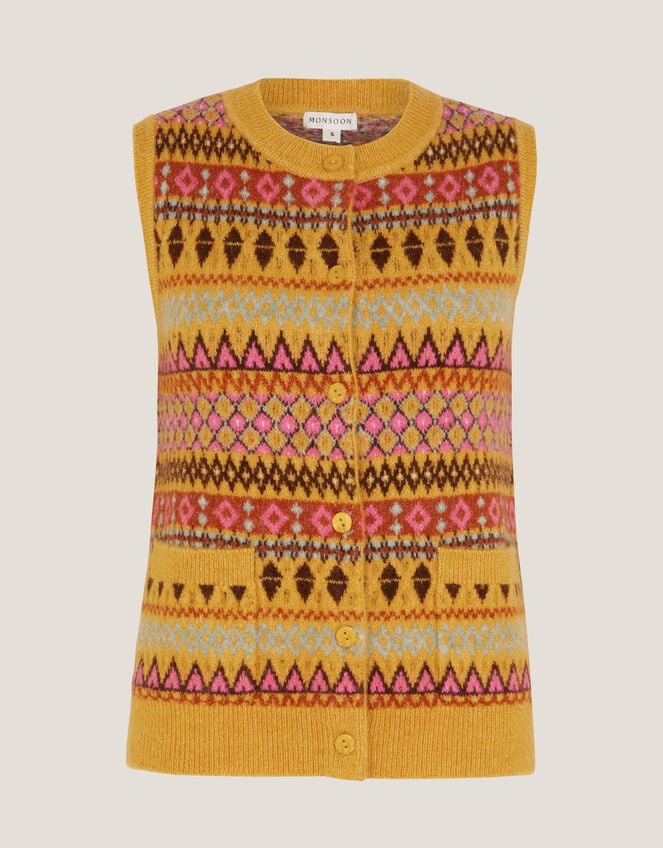 Fleur Fair Isle Button Knitted Vest, Yellow (OCHRE), large