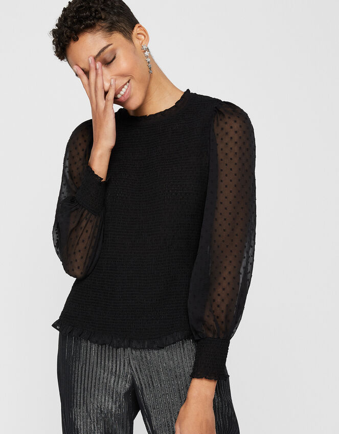 Sienna Sheer Blouse with Shirred Bodice, Black (BLACK), large