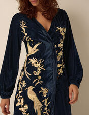 Clemence Florentinie Long Sleeve Embroidered Velvet Midi Dress, Blue (BLUE), large
