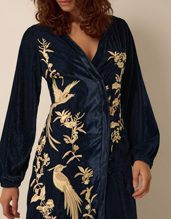 Clemence Florentinie Long Sleeve Embroidered Velvet Midi Dress, Blue (BLUE), large