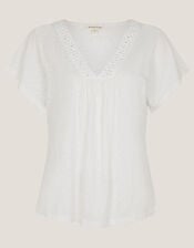 Amaya Crochet V-Neck T-Shirt, White (WHITE), large
