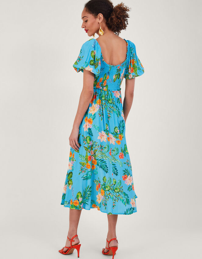 Limella Floral Print Shirred Dress in Sustainable Viscose, Blue (BLUE), large