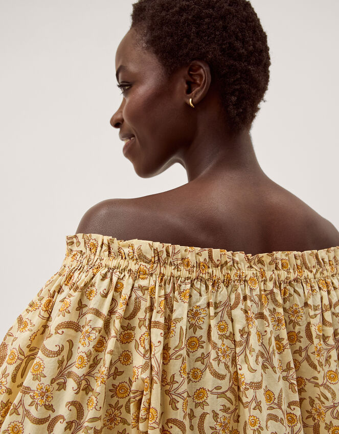 asos golden floral bardot midi dress ASOS DESIGN bardot mesh drape midi dress in blurred yellow floral print