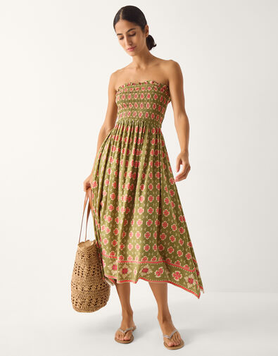 Maddie Floral Print Bandeau Midi Dress, Green (KHAKI), large