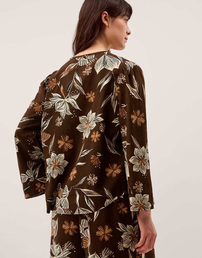 Esther Floral Linen Blend Top, Brown (CHOCOLATE), large