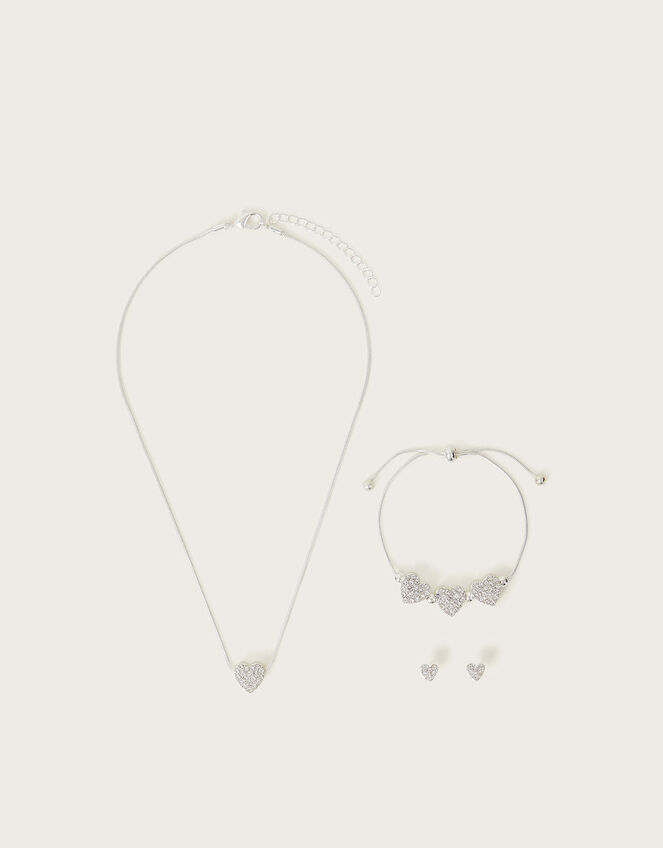 Diamante Heart Earrings Necklace and Bracelet Set, , large